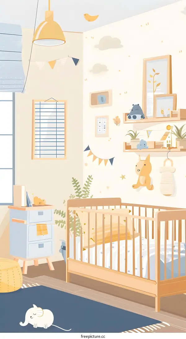 Cute Nursery Room Illustration with Crib, Toy Elephant, and Yellow Light