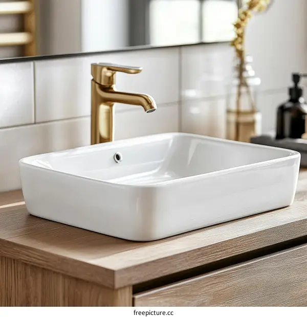 Modern White Rectangular Bathroom Sink with Gold Faucet