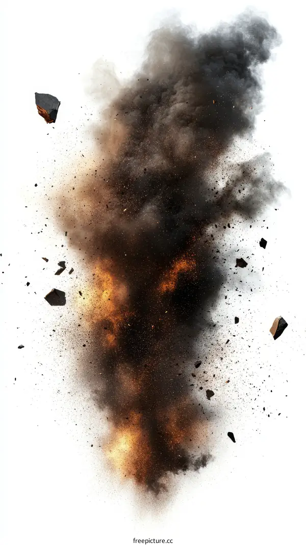 Explosion of Debris and Smoke Isolated on White Background
