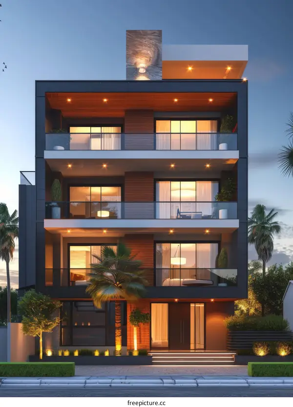 Modern Three-Story House with Tall Palm Trees