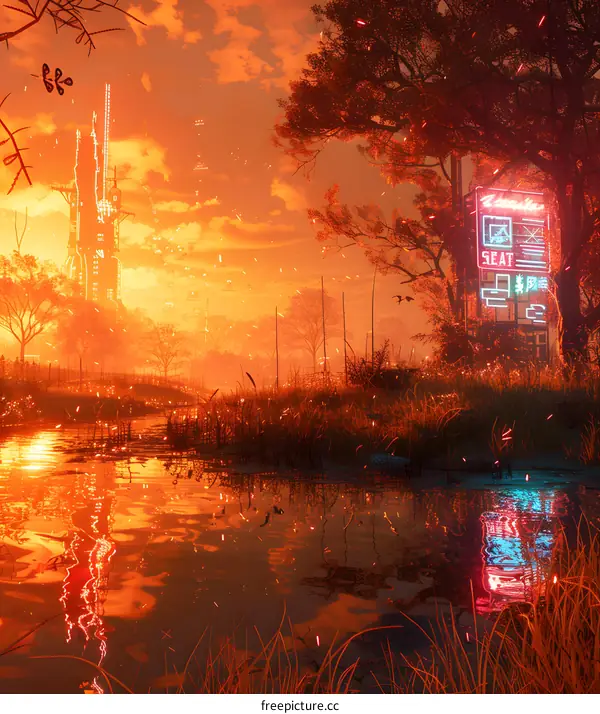 A seat in the swamp with a beautiful sunset in the background