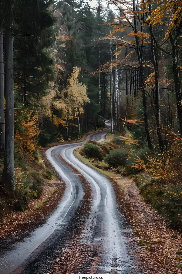 Winding road through colorful autumn forest