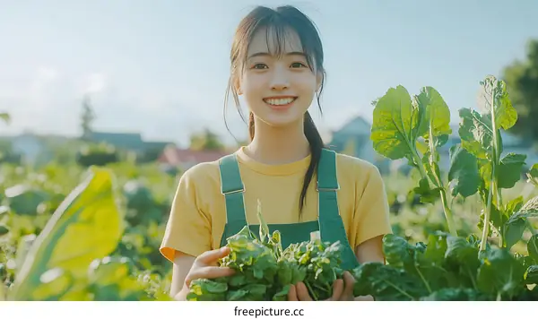 Asian Woman Harvesting Fresh Greens in Farmland
