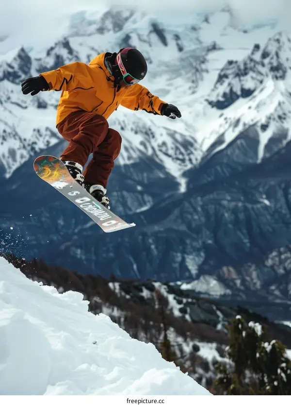 Snowboarder descending snowy mountain