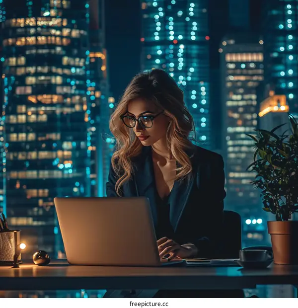 A businesswoman working late at night in her office.