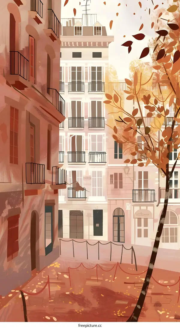 Autumn Illustration of an European City Street with Buildings and a Tree