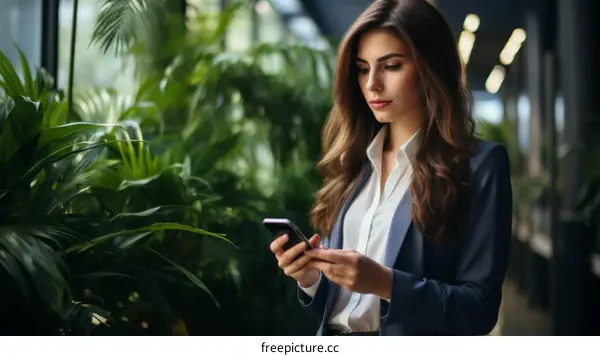 Businesswoman in a greenhouse checking her phone