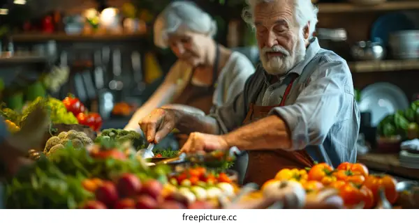 An elderly couple is cooking in the kitchen
