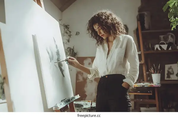 Woman Artist Painting in Studio