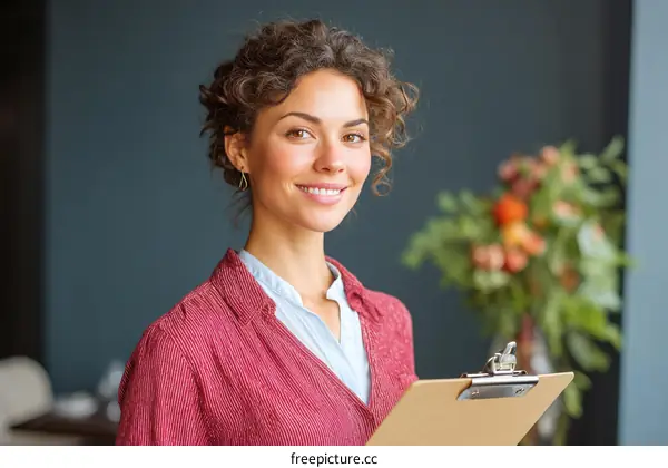 Smiling Business Woman Holding Clipboard