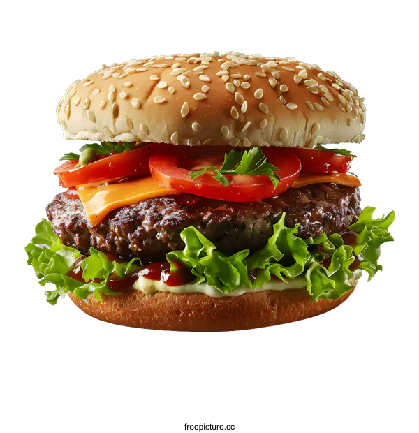 [Transparent Background PNG]yummy cheeseburger with lettuce tomato and parsley