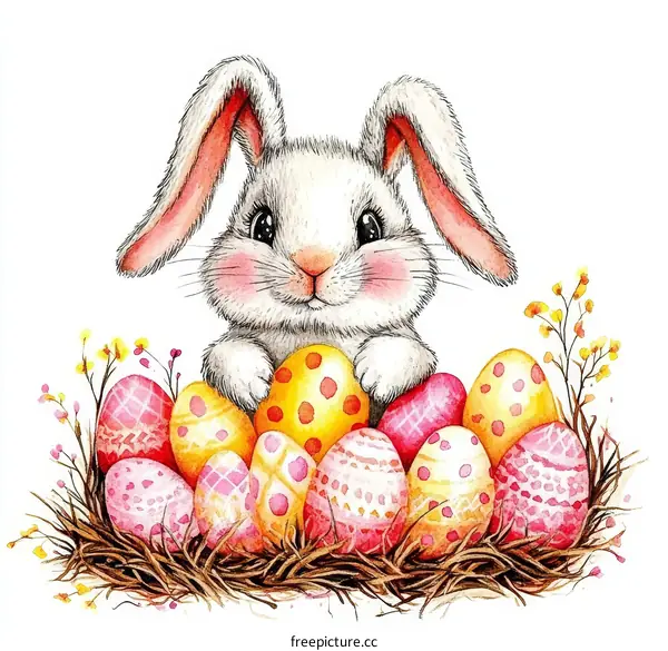 Cute Easter Bunny with Colorful Eggs