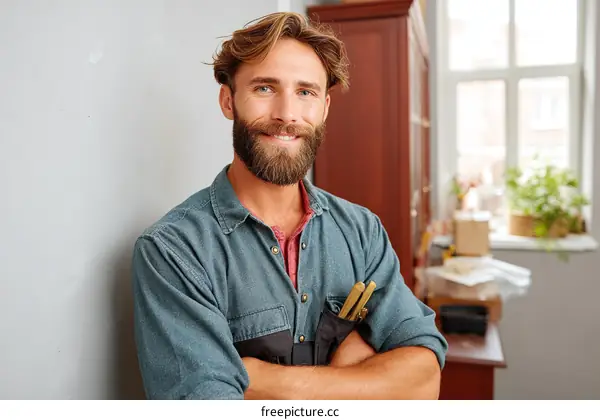 Man with beard wearing work shirt standing with arms crossed