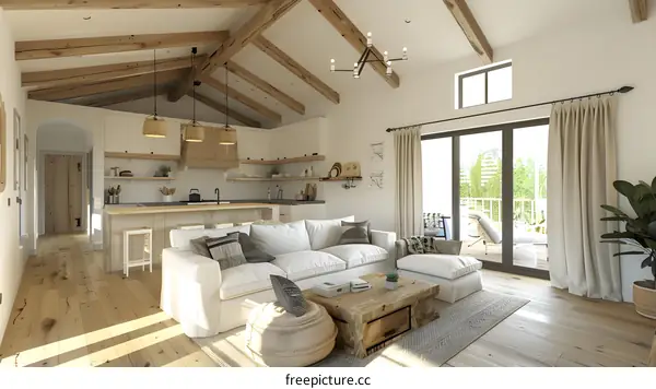 An illustration of a living room with a white sofa, coffee table, rug, and kitchen in the background