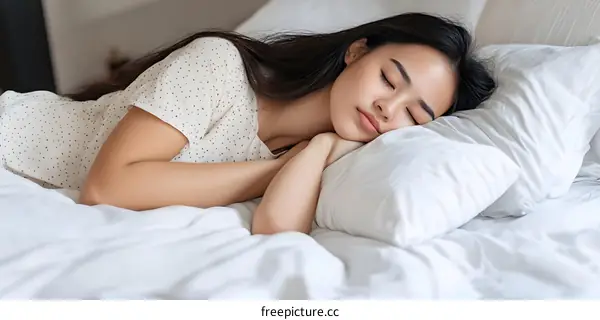 Beautiful Woman Sleeping in Bed with White Bedding