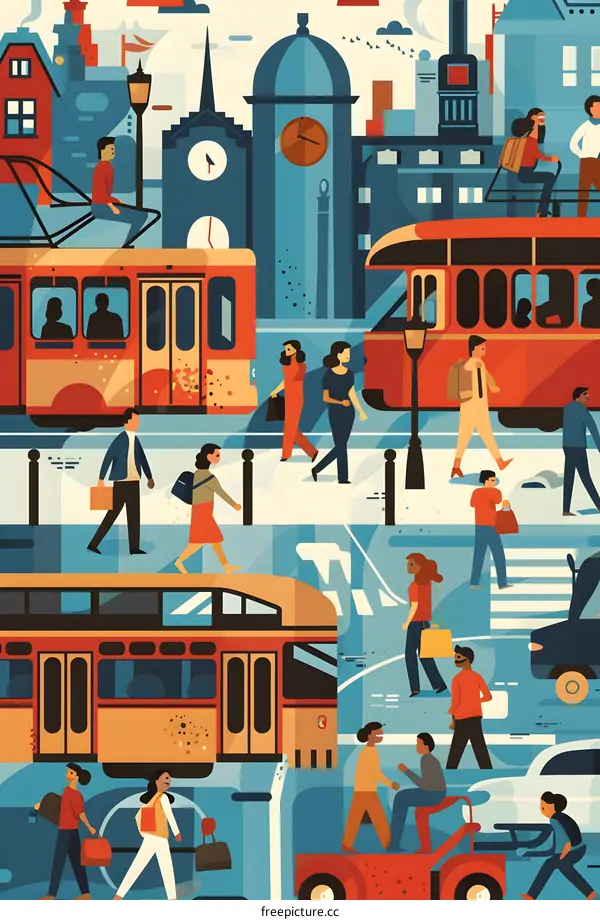 City Life Illustration With People Walking and Riding Tram