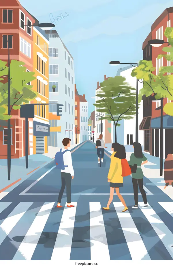 People Crossing Street in City Illustration