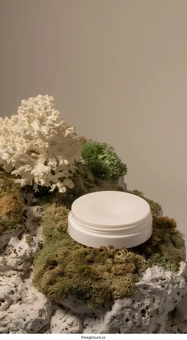 White Cream Jar On Rock With Green Moss