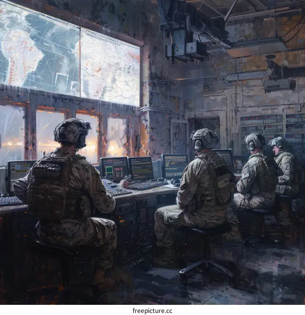 Four soldiers in a military control room monitoring a war
