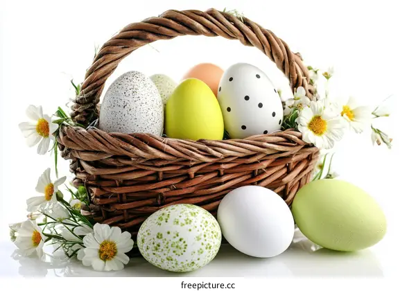 Easter Eggs in a Wicker Basket with Flowers