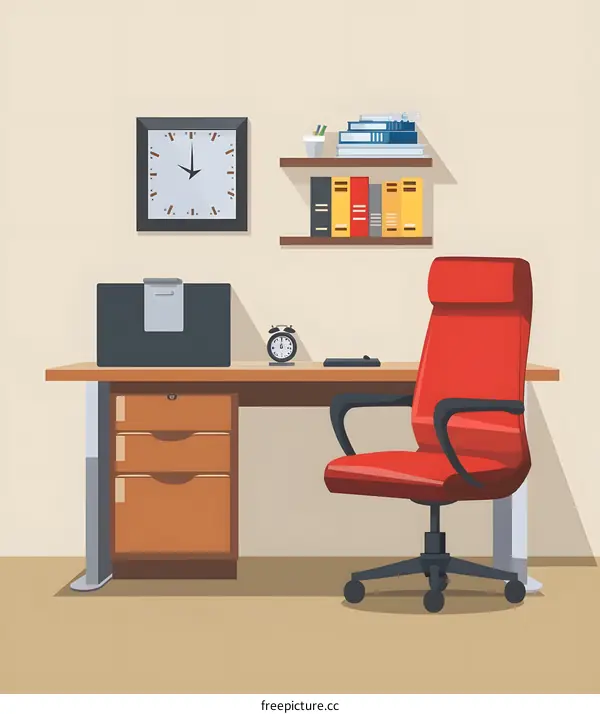 Office Desk Setup with Computer, Clock and Red Chair
