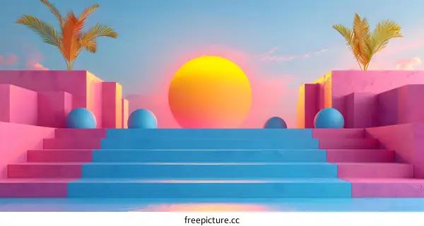 3D rendering of a surreal landscape with a large sun and blue stairs leading up to a pink and blue structure
