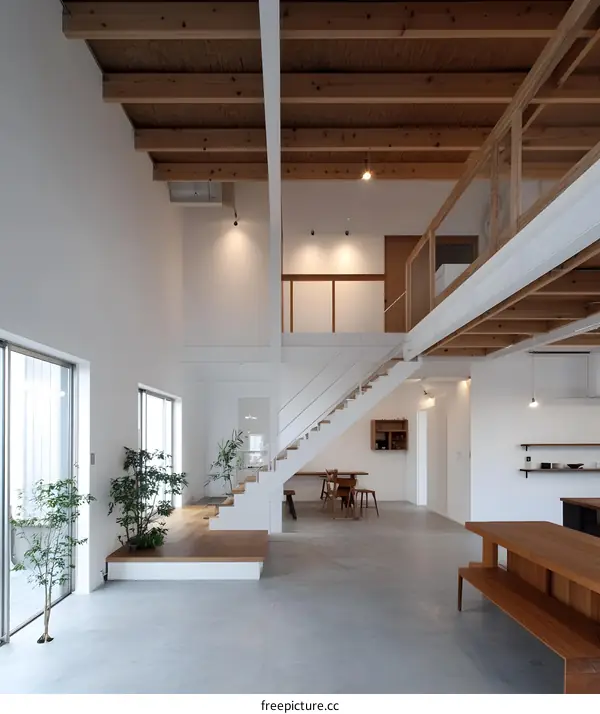 Modern Minimalist Interior Design with Wooden Beams and Staircase