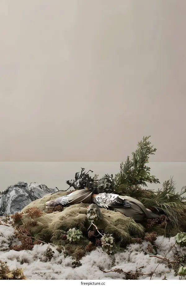 Minimalist Still Life with Two Ducks and Moss on a Stone Base