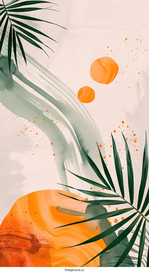 Abstract Tropical Watercolor Painting with Palm Leaves and Orange Circles