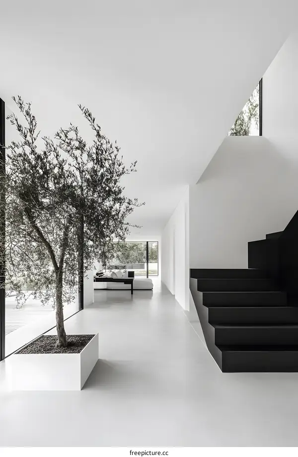 Modern Minimalist House Interior with Olive Tree