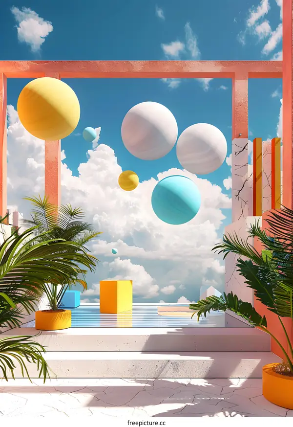 Surreal Abstract Architecture with Floating Spheres and Palm Trees