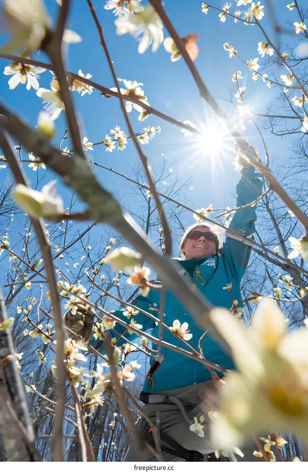 Woman Reaching Up To Touch Blossoms On Branch