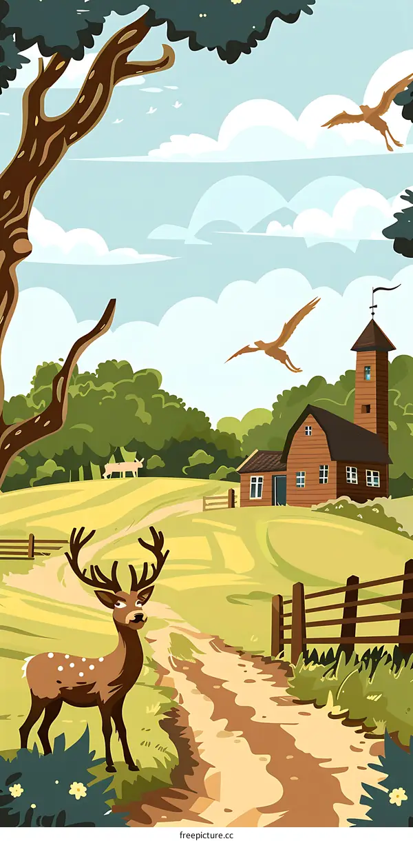 Rural Landscape with Deer and Farmhouse