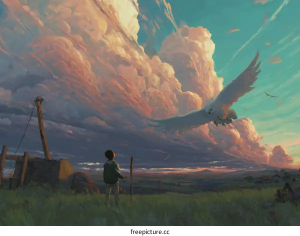 A Majestic Owl Soars Above a Child in a Vast Landscape
