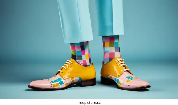 A person wearing colorful shoes and socks