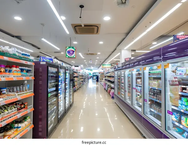 Supermarket Interior Aisle With Refrigerated Food Display