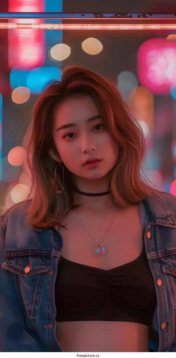 Asian Woman in Neon Lights at Night