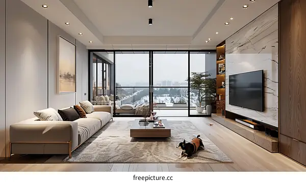 Modern Living Room with Cozy Decor and Dog