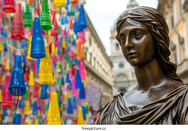 Close up of a bronze statue of a woman with colorful decorations in the background