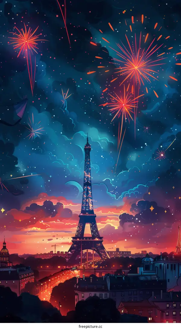 Paris Skyline with Eiffel Tower and Fireworks at Night