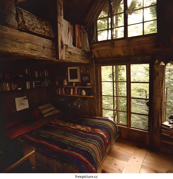 Cozy Wooden Cabin With Bookshelves And View Of Forest Through Window
