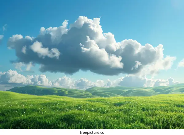 Green Grass Fields with White Clouds and Blue Sky