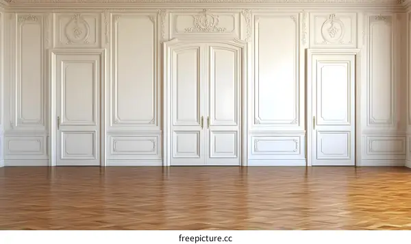 White Classic Door with Intricate Molding in a Room with Wooden Floor
