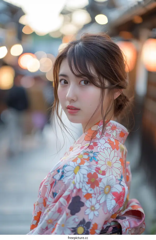 Young Asian Woman in Kimono Looking Back