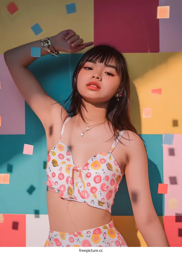 Young Woman Posing in Front of Colorful Wall