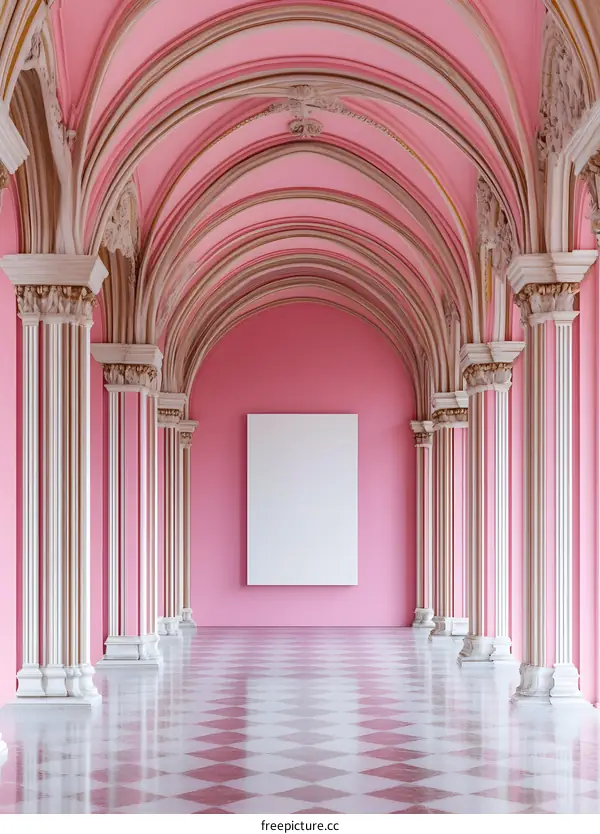 Pink Arched Hallway with White Columns and Blank Canvas