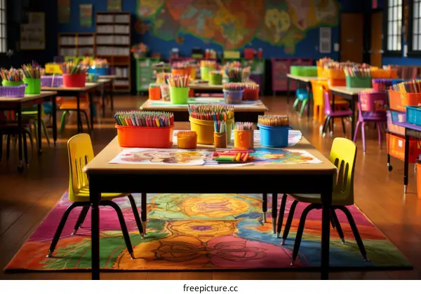 Classroom with lots of colorful supplies