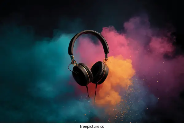 Colorful Headphones in Artistic Smoke