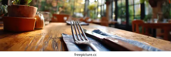 Restaurant Table Setting with Cutlery and Plants