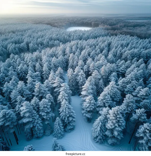 Snow-covered pine trees in the winter forest